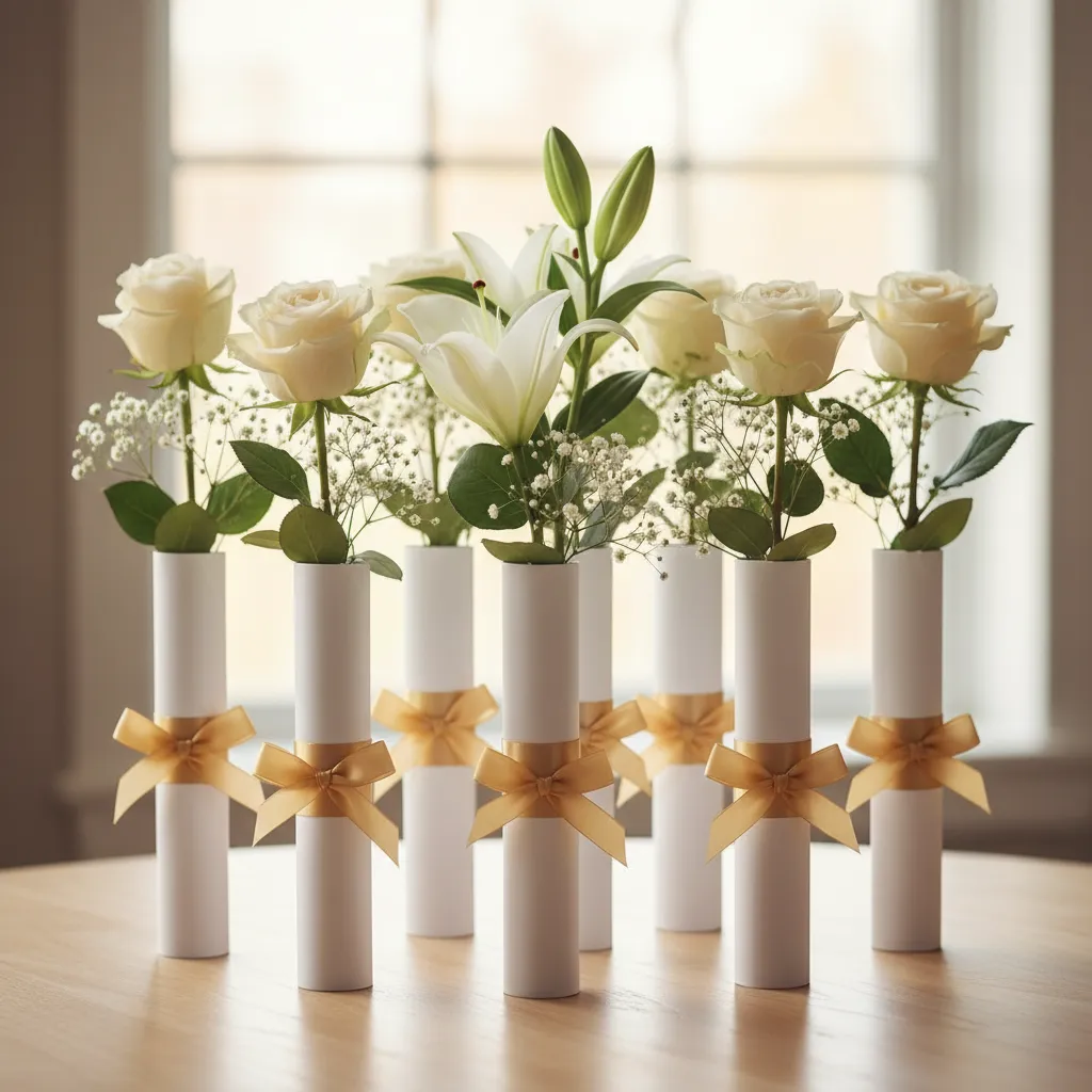 Minimalist diploma scrolls tied with ribbons holding delicate single-stem flowers.