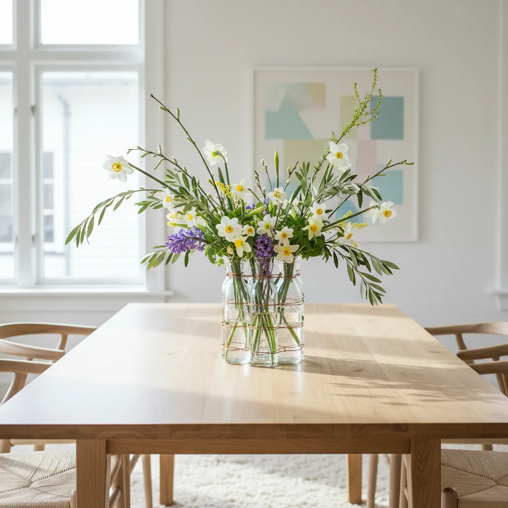 Minimalist spring centerpiece with wild flowers and branches