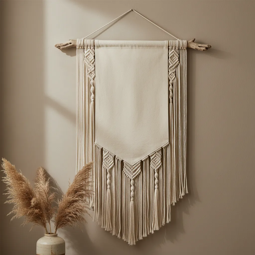 Canvas banner hanging from driftwood with macrame fringe details against a neutral wall