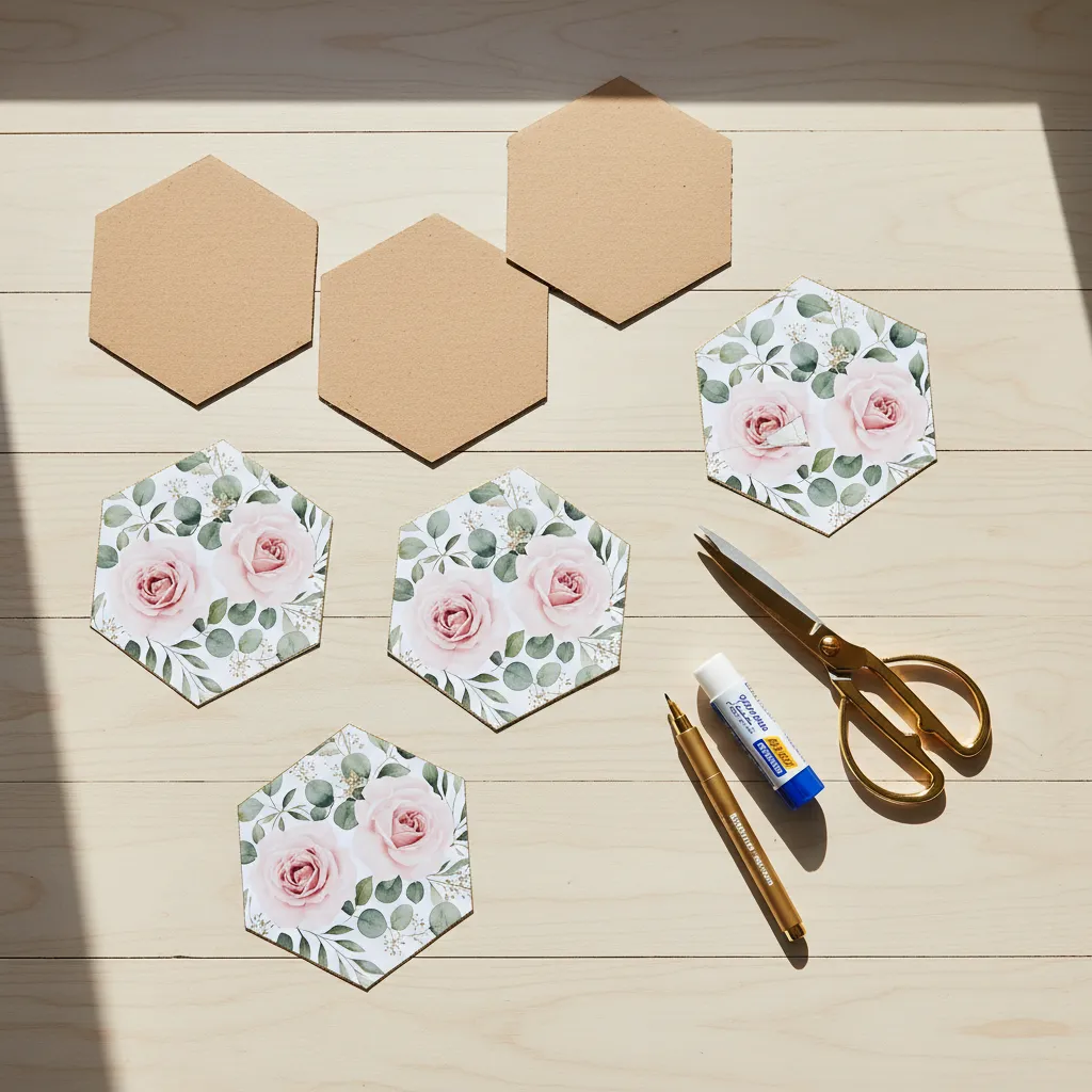 Supplies for making DIY Galentine's Day coasters laid out on a table.