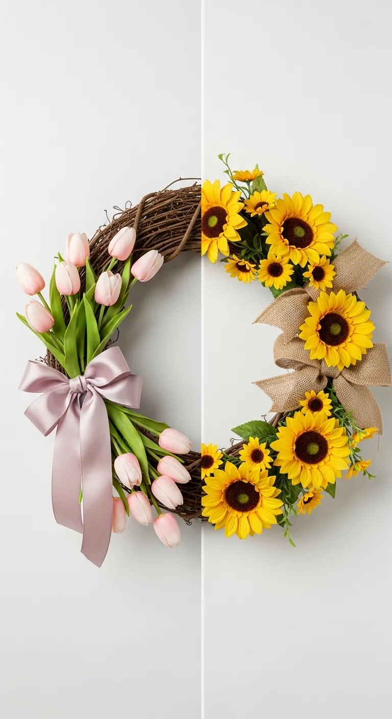 DIY Convertible Grapevine Wreath Spring to Summer Split view of a diy grapevine wreath showing spring tulips on one side and summer sunflowers on the other