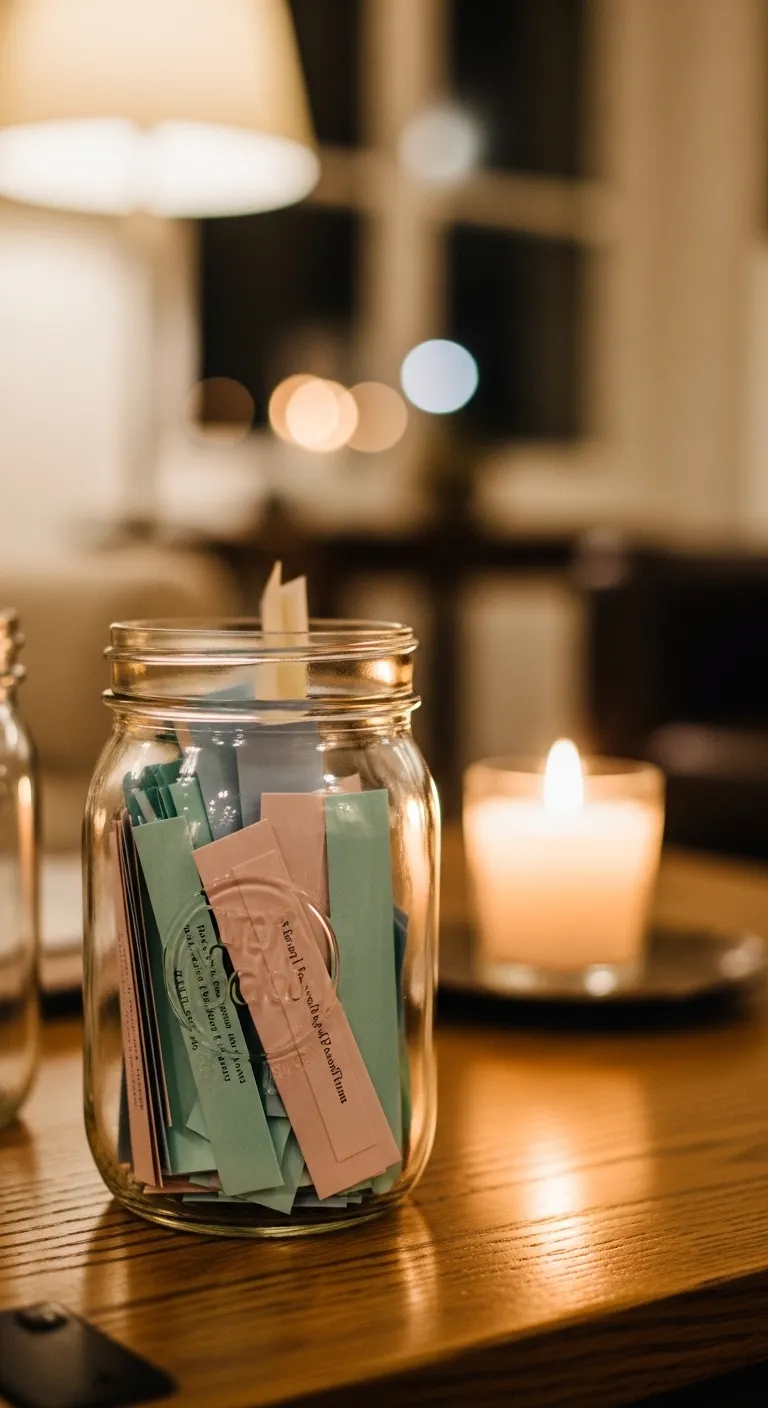 DIY Date Night Jar Ideas for Couples Glass mason jar filled with colorful date night ideas on a wooden table with soft candlelight
