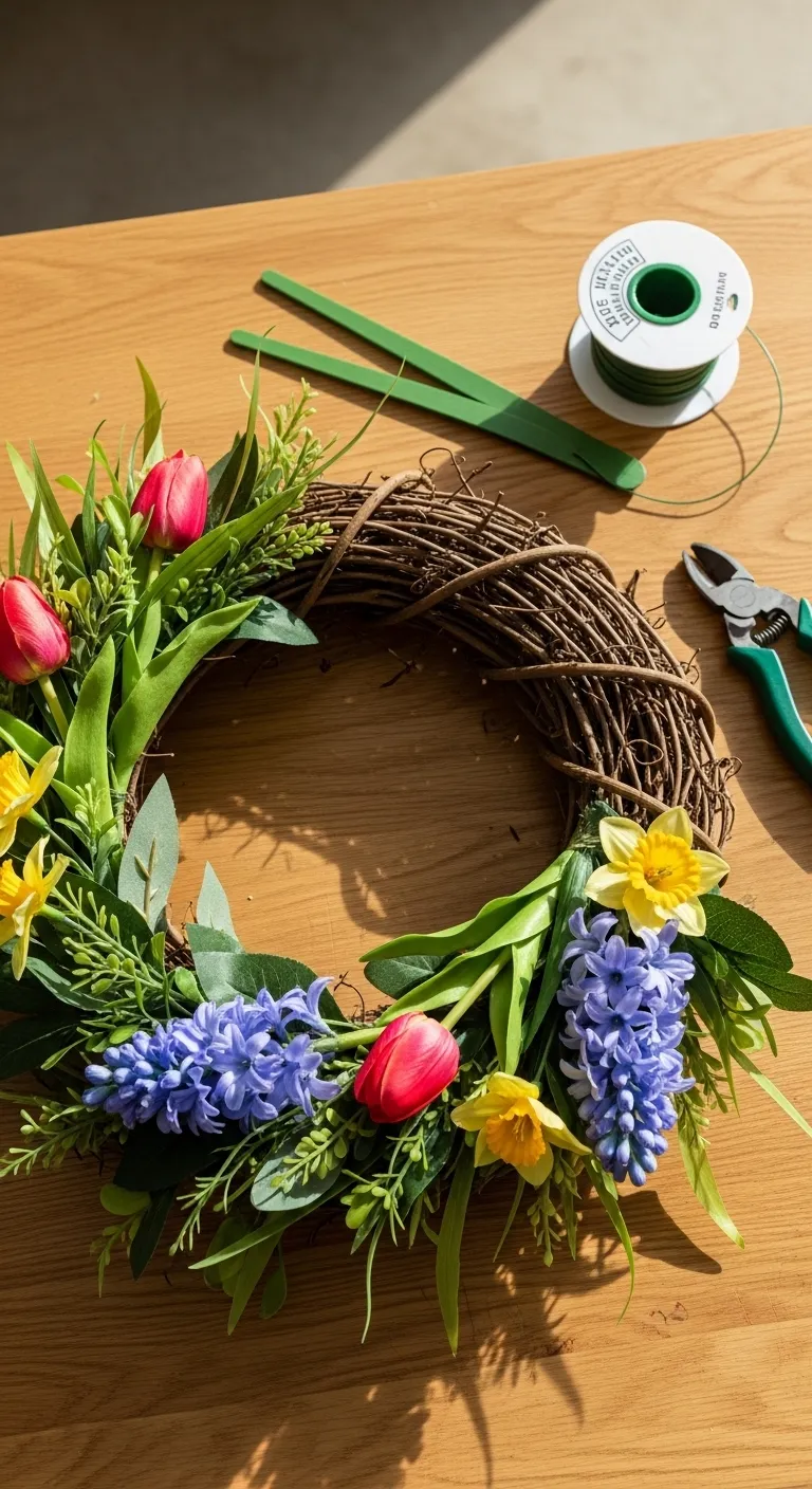 Close-up of a grapevine wreath being assembled with floral wire and spring flowers for a front door.
