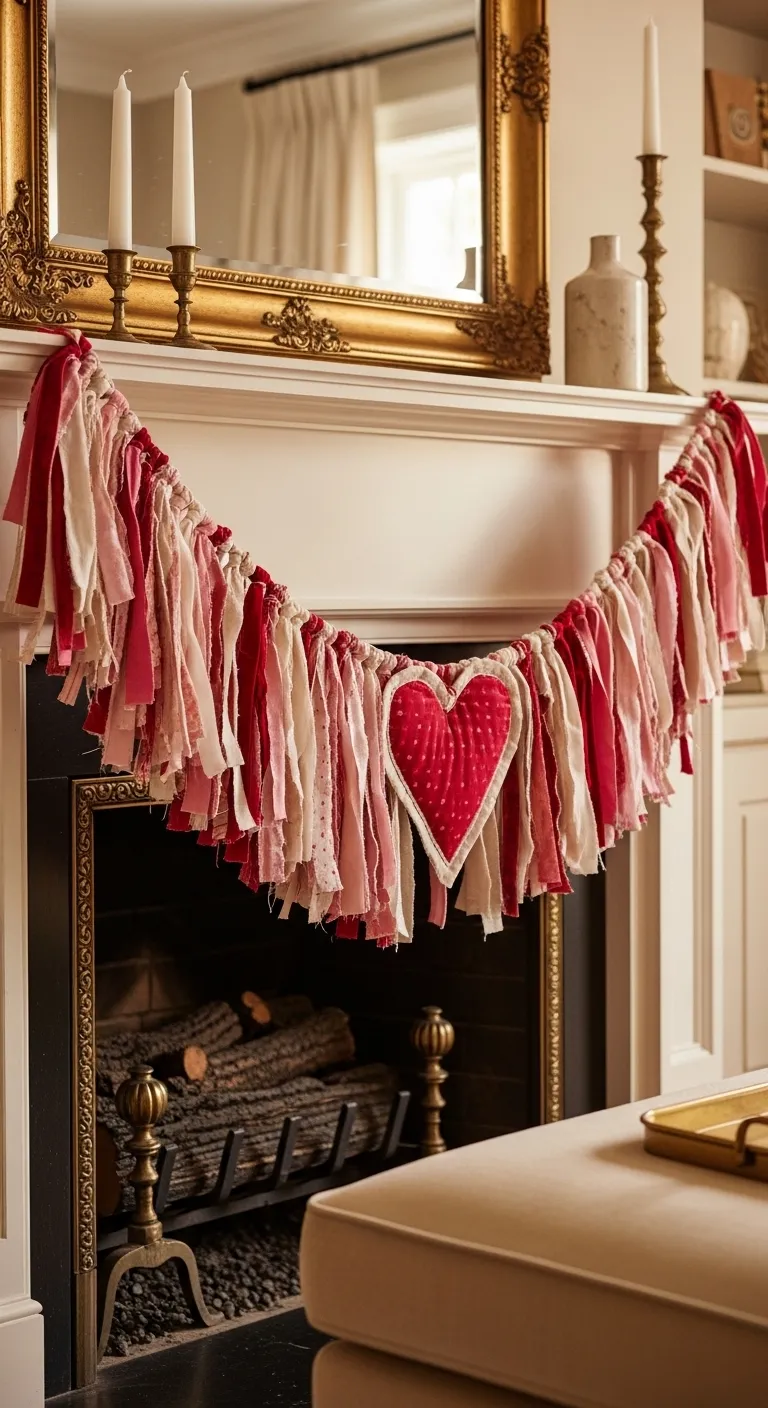 A handmade banner made of fabric hearts hanging over a fireplace for a Galentines party.