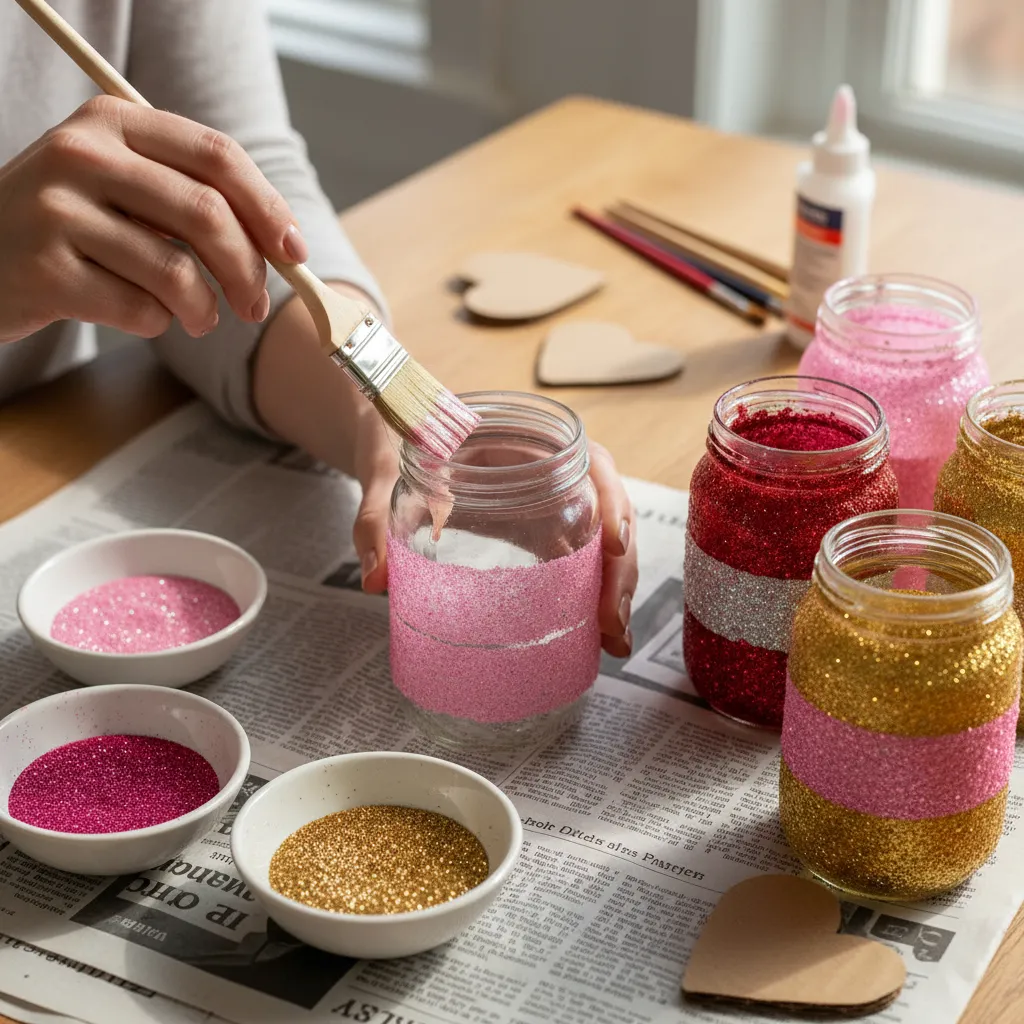 A person applying glue to a glass jar to cover it in pink and gold glitter for a DIY party decoration.
