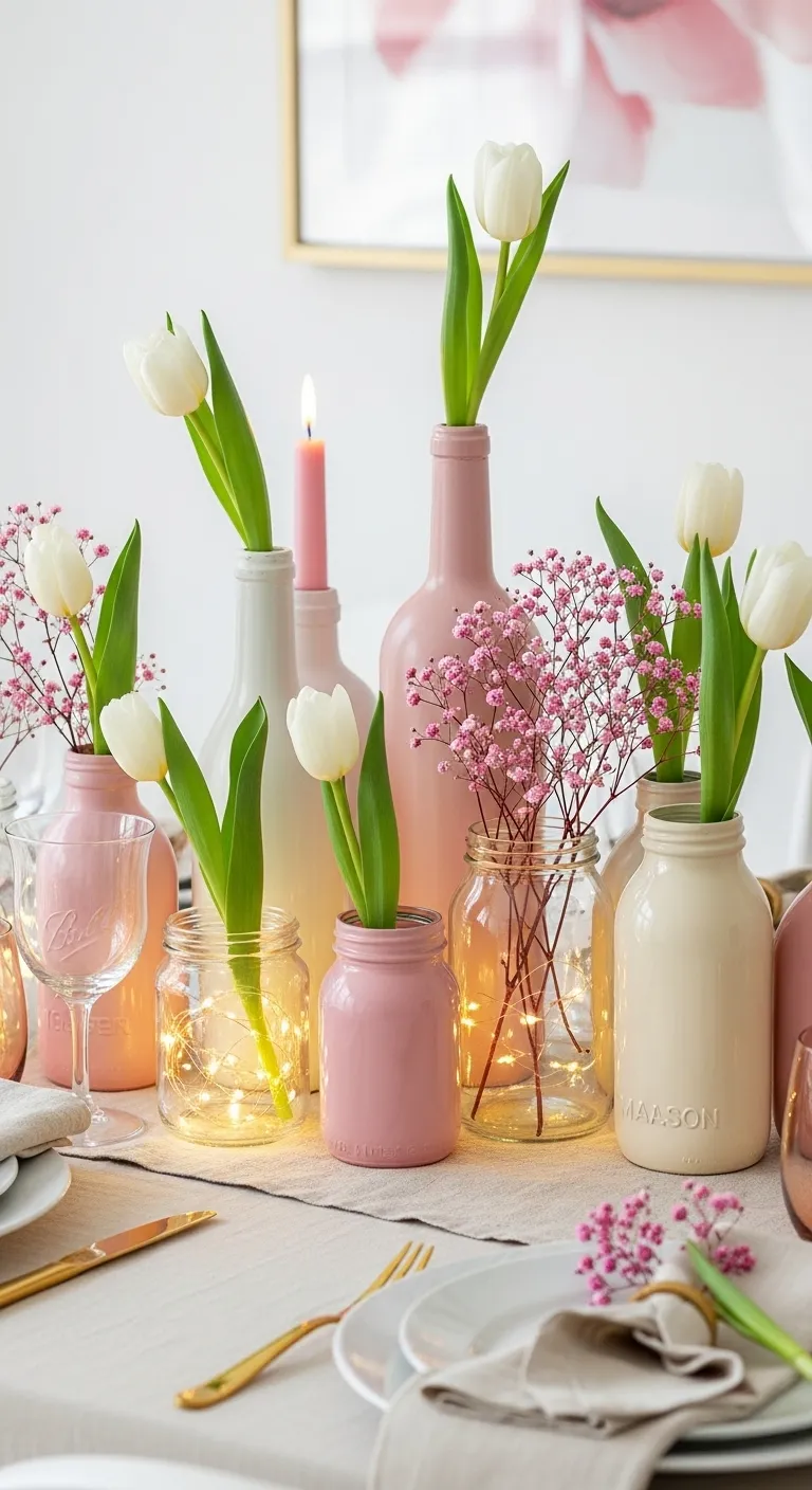 A collection of repurposed glass jars painted pink and gold used as flower vases for a Galentine's party centerpiece.