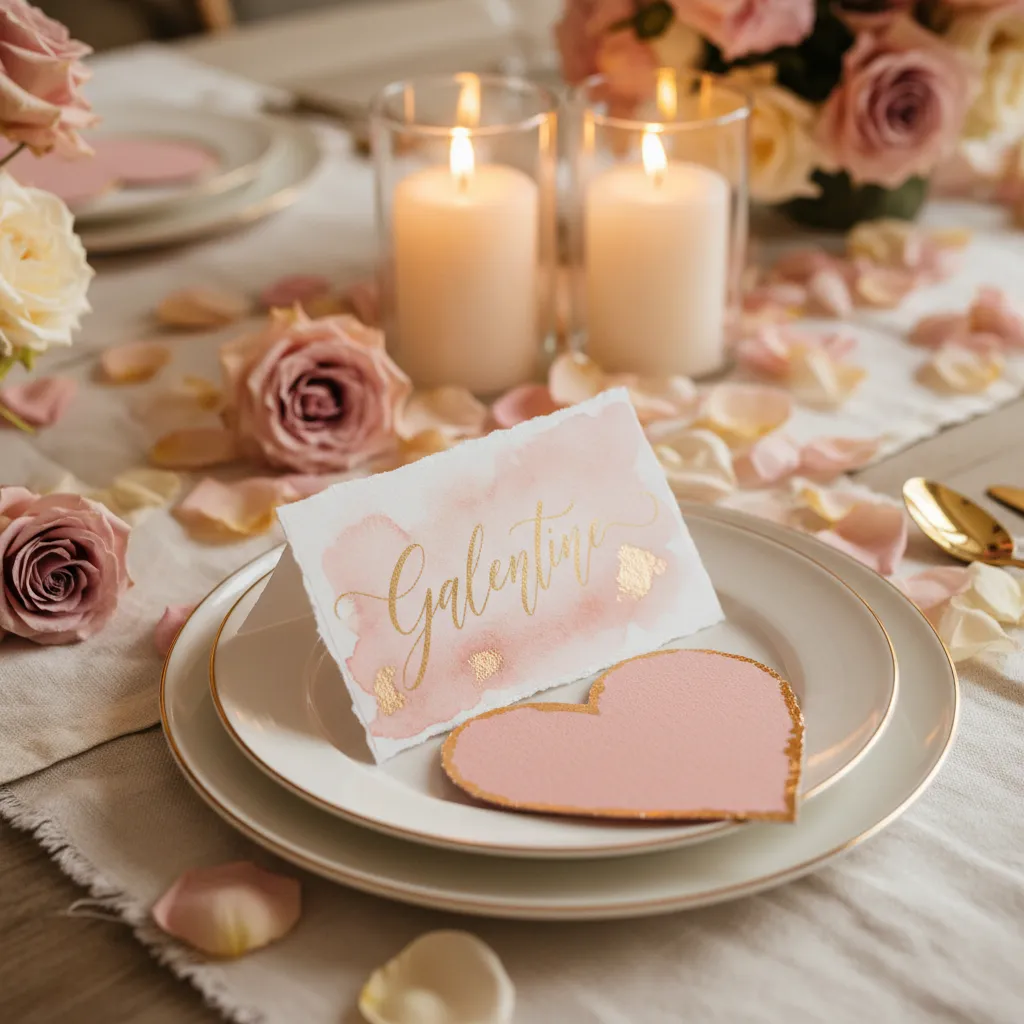 Close-up of a DIY place card and coaster on a festive Galentine's Day tablescape.