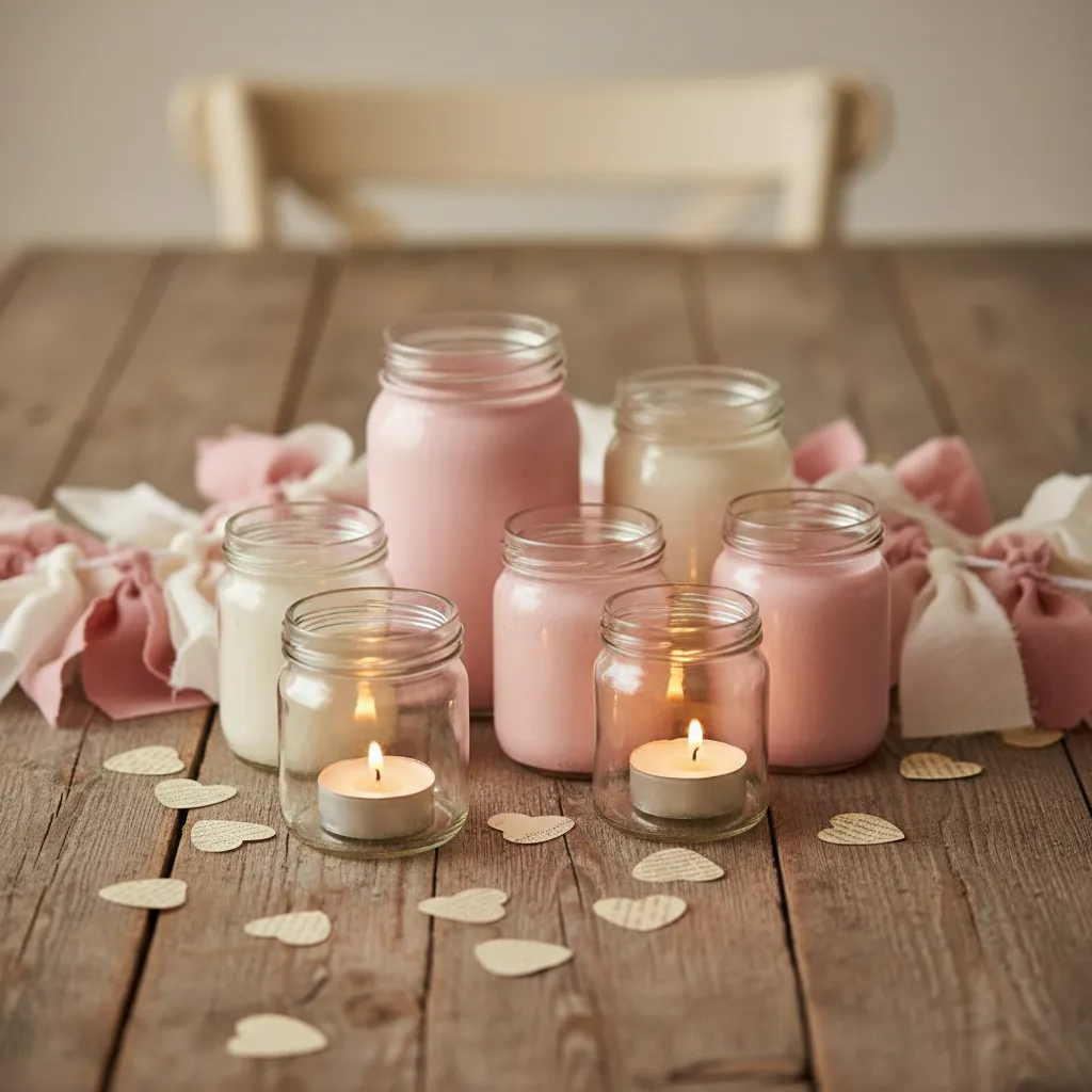 A cozy Galentine's party scene with eco-chic decor, including a DIY fabric garland and votives made from upcycled painted jars casting a warm glow.