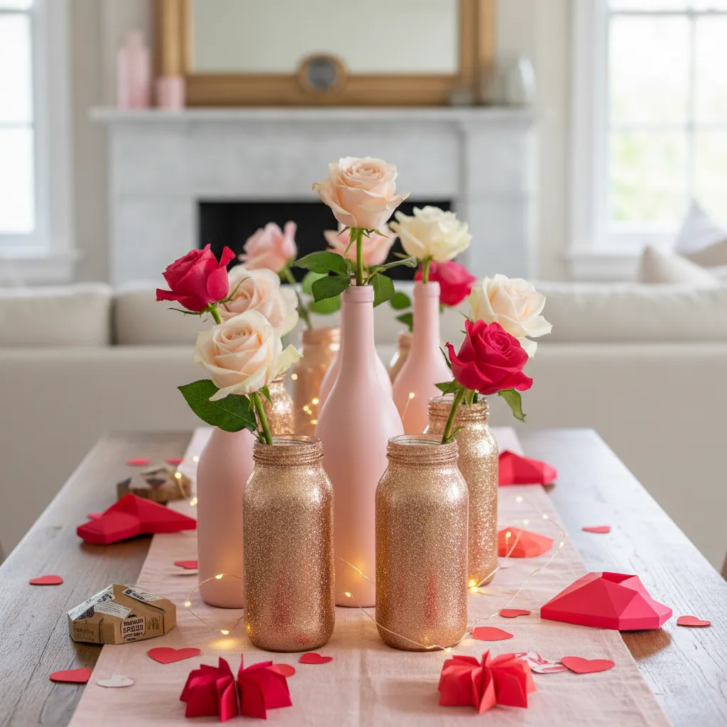 Upcycled glass jars and bottles painted pink and gold, used as glittery vases for a Galentine's Day party table.
