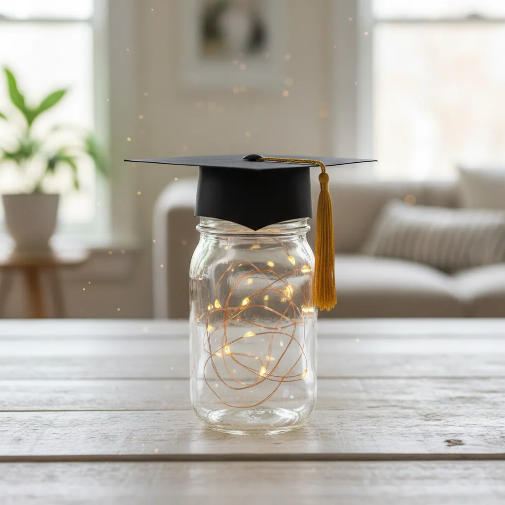 Mason jar centerpiece filled with fairy lights and topped with a black graduation cap for party decor