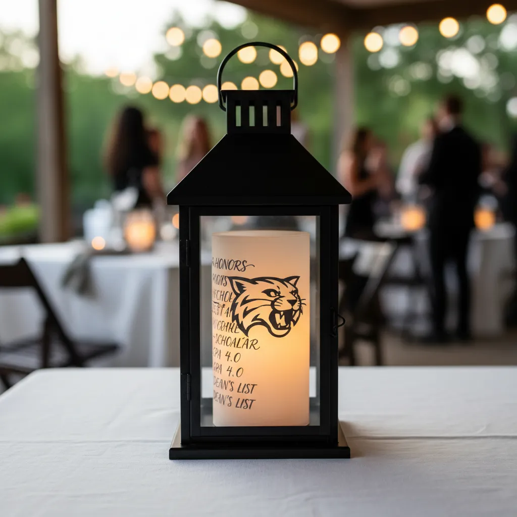 A black metal lantern with an illuminated mascot insert for a graduation party centerpiece.