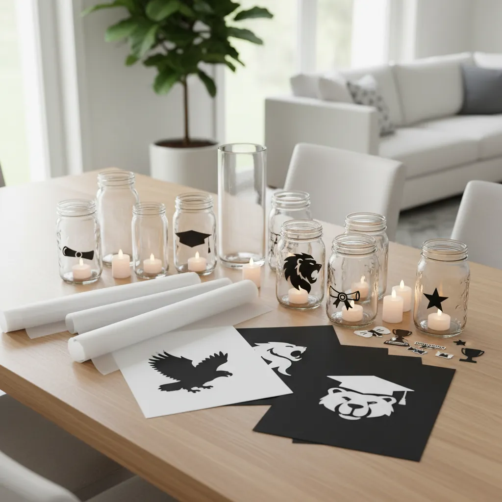 Materials for creating a DIY graduation mascot lantern including vellum and LED candles.