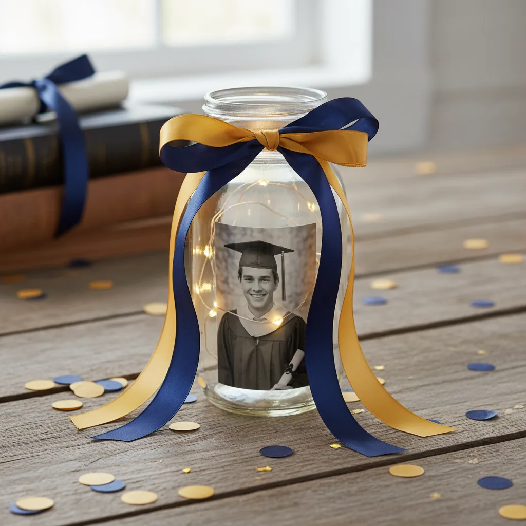 A glowing glass jar centerpiece with school color ribbons and personal photos.