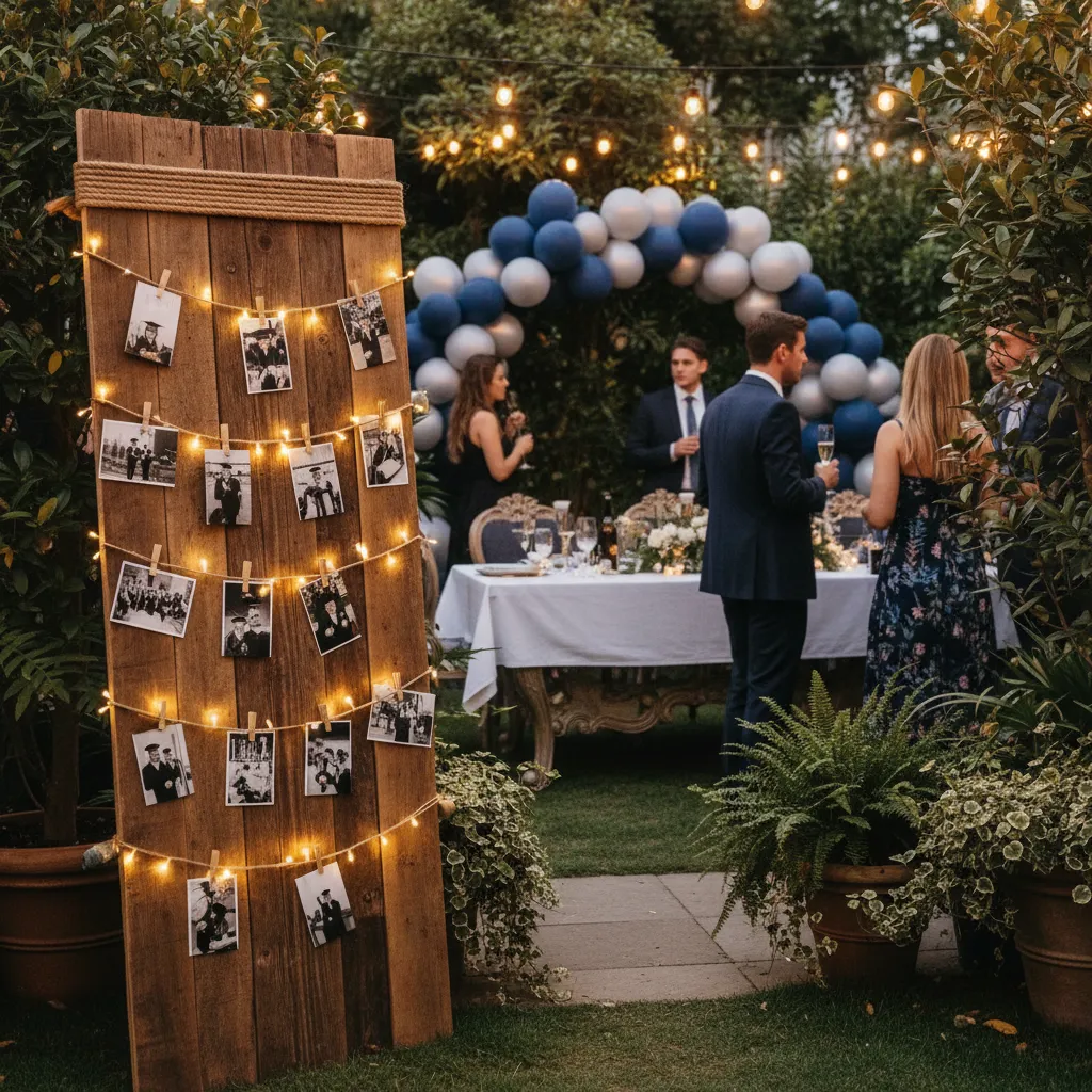 A rustic wood photo display and balloon garland as DIY High School Graduation Party Decorations Ideas.
