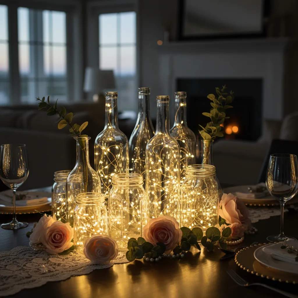 Clear glass jars filled with warm white fairy lights used as lanterns for a romantic Galentine's party table setting.