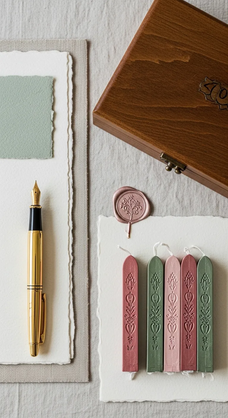 DIY Letter Kit Materials Flat Lay Flat lay of linen paper wax seals and fountain pen for letter writing