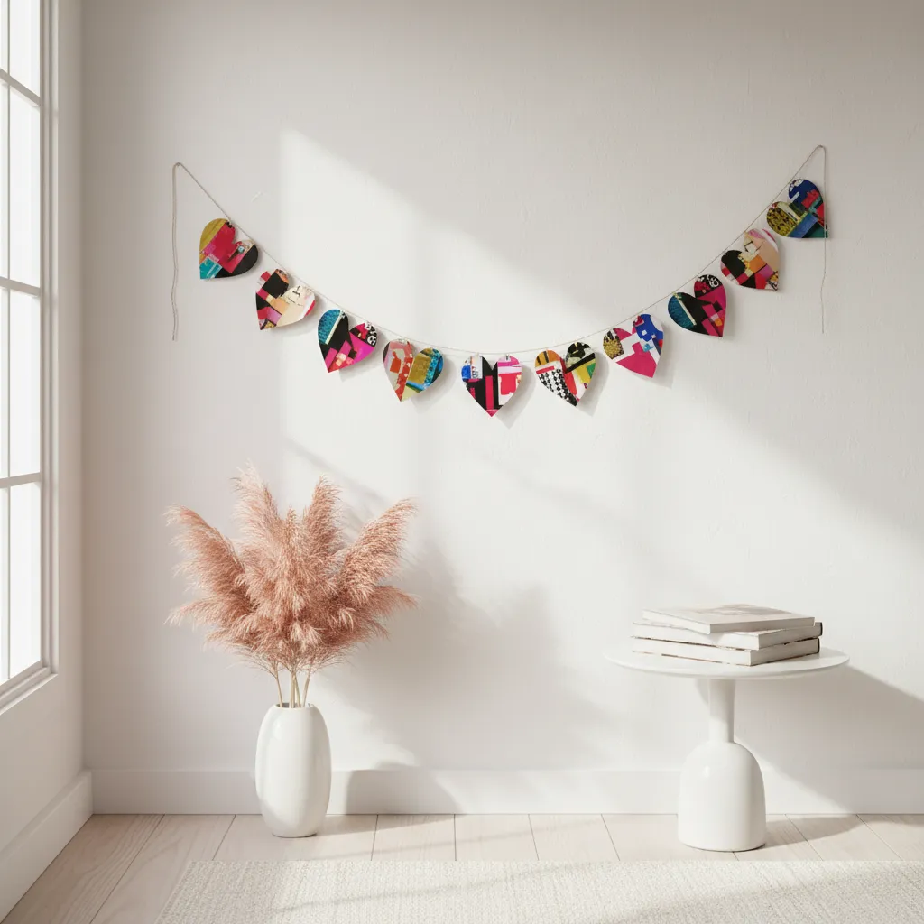 A creative DIY heart banner made from colorful pages of old magazines hanging on a wall.