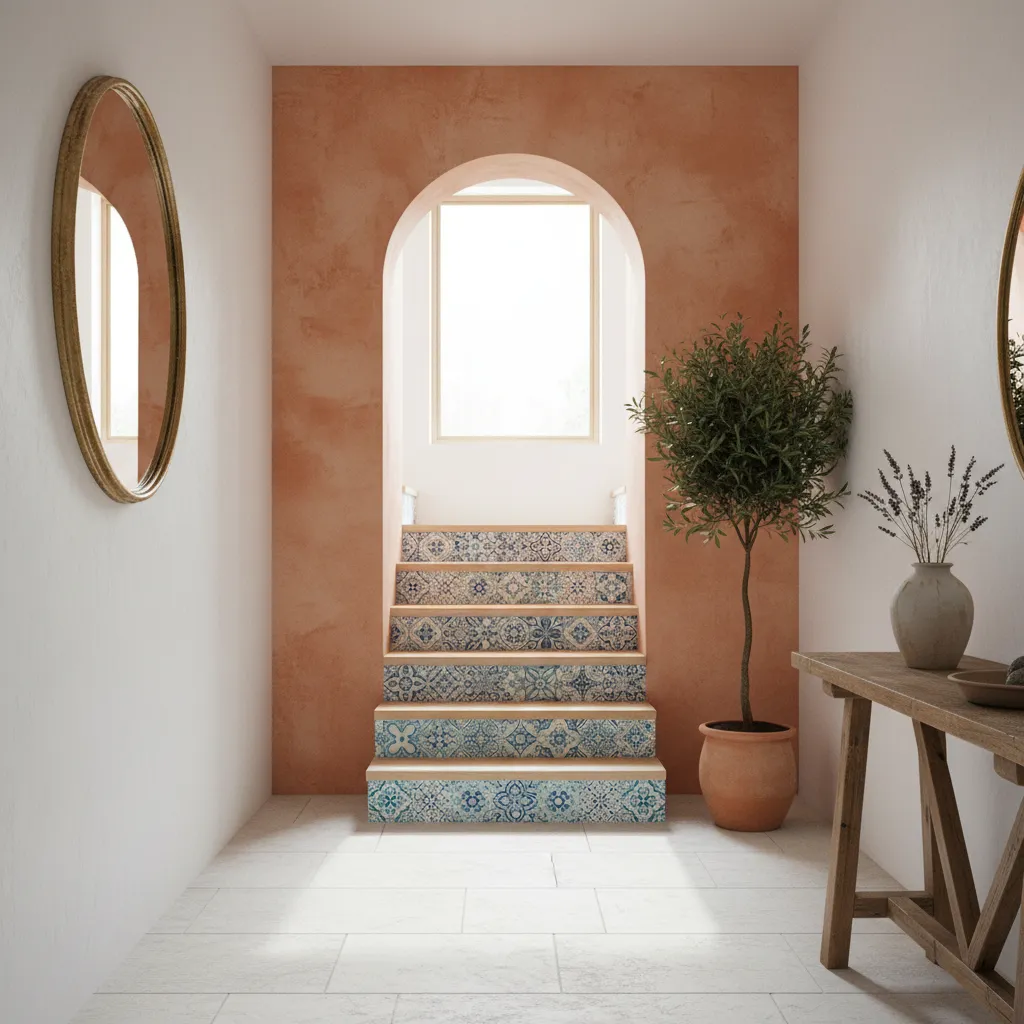 Renter friendly Mediterranean arch decal and mosaic tile stickers in a sunny home