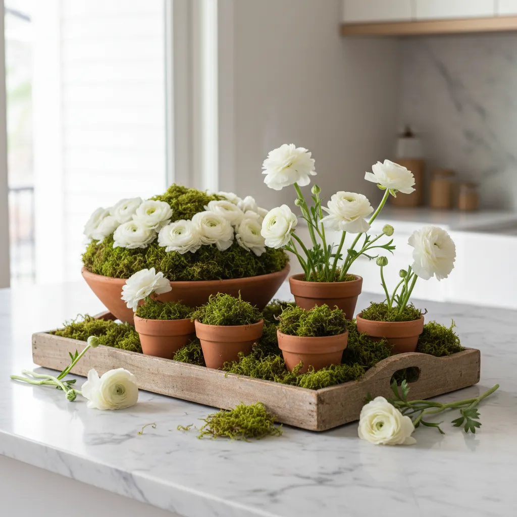 Essential materials for a spring moss and floral centerpiece including wooden tray and white flowers
