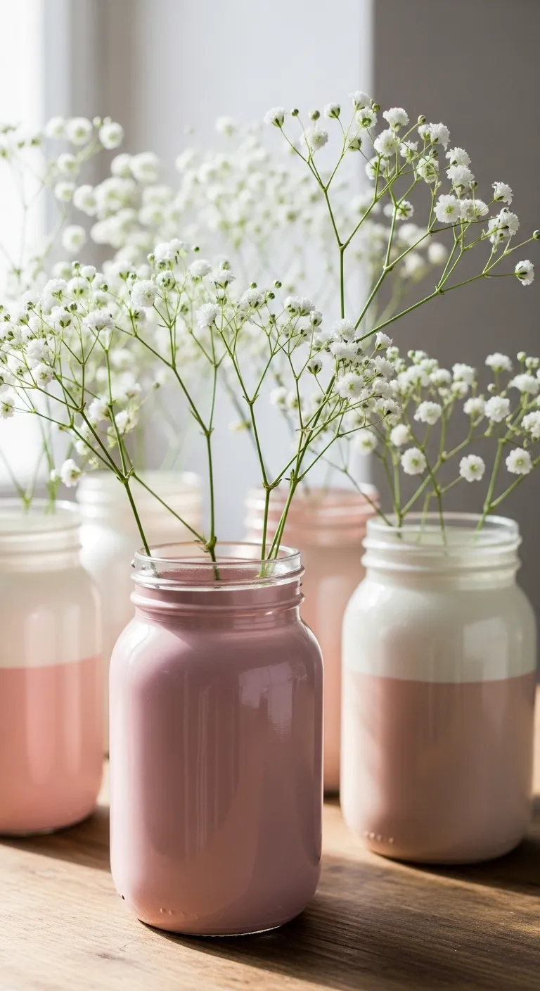 A collection of upcycled glass jars painted in soft pink tones serve as elegant DIY vases for a Galentines party.