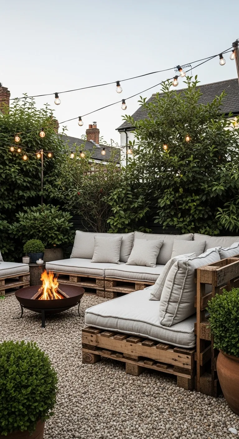 DIY Pallet Seating Backyard Lounge with Gravel Cozy backyard lounge with pea gravel and pallet furniture illuminated by string lights