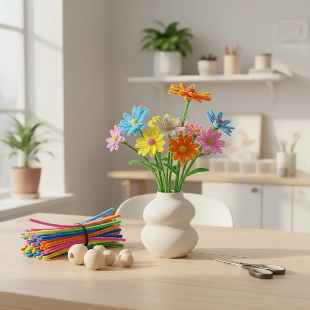 A vibrant bouquet of handmade pipe cleaner flowers in a vase on a sunlit wooden table alongside crafting supplies.