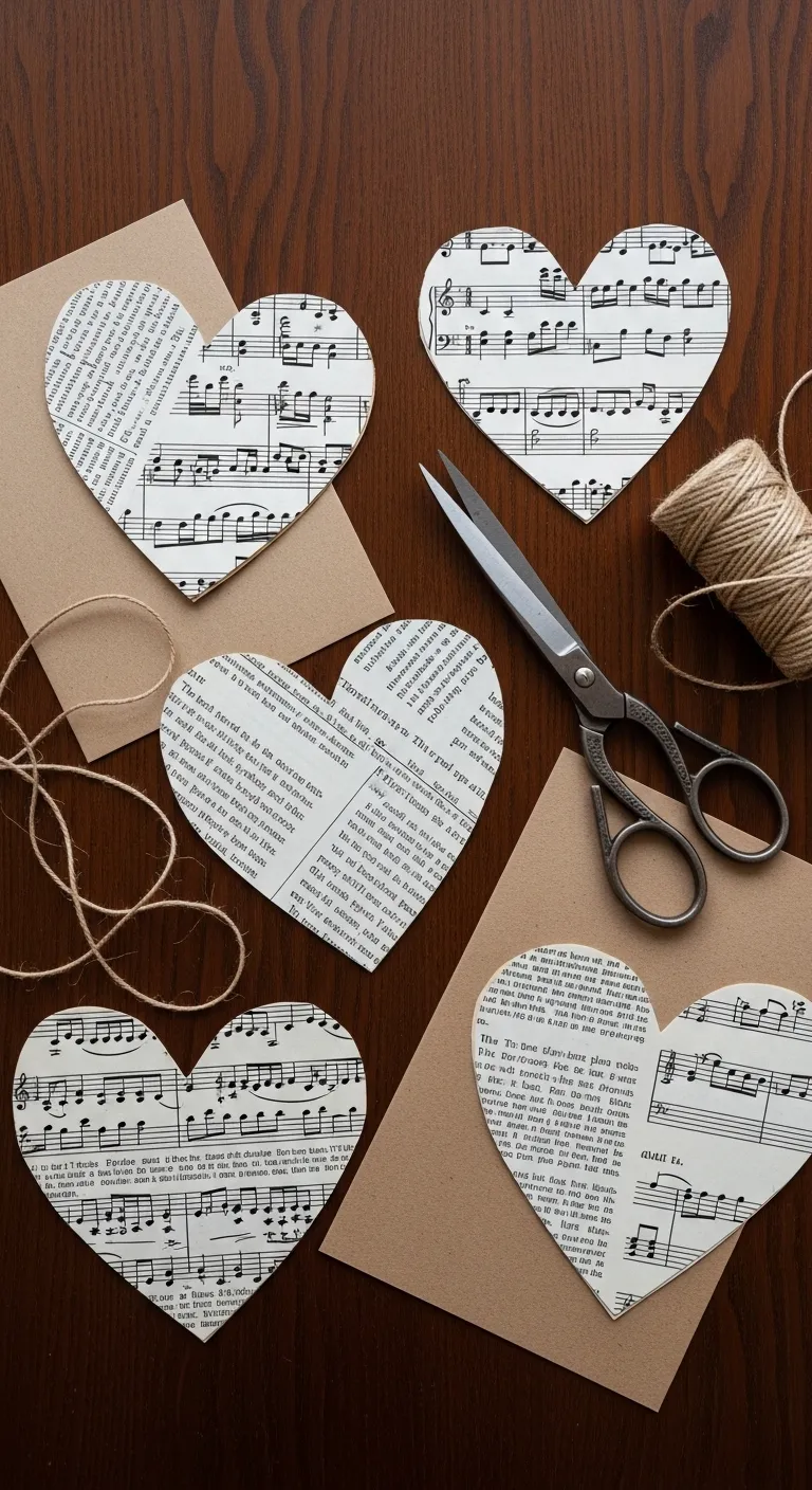 Hearts cut from old book pages and sheet music create charming, eco-friendly confetti for a Galentines party.