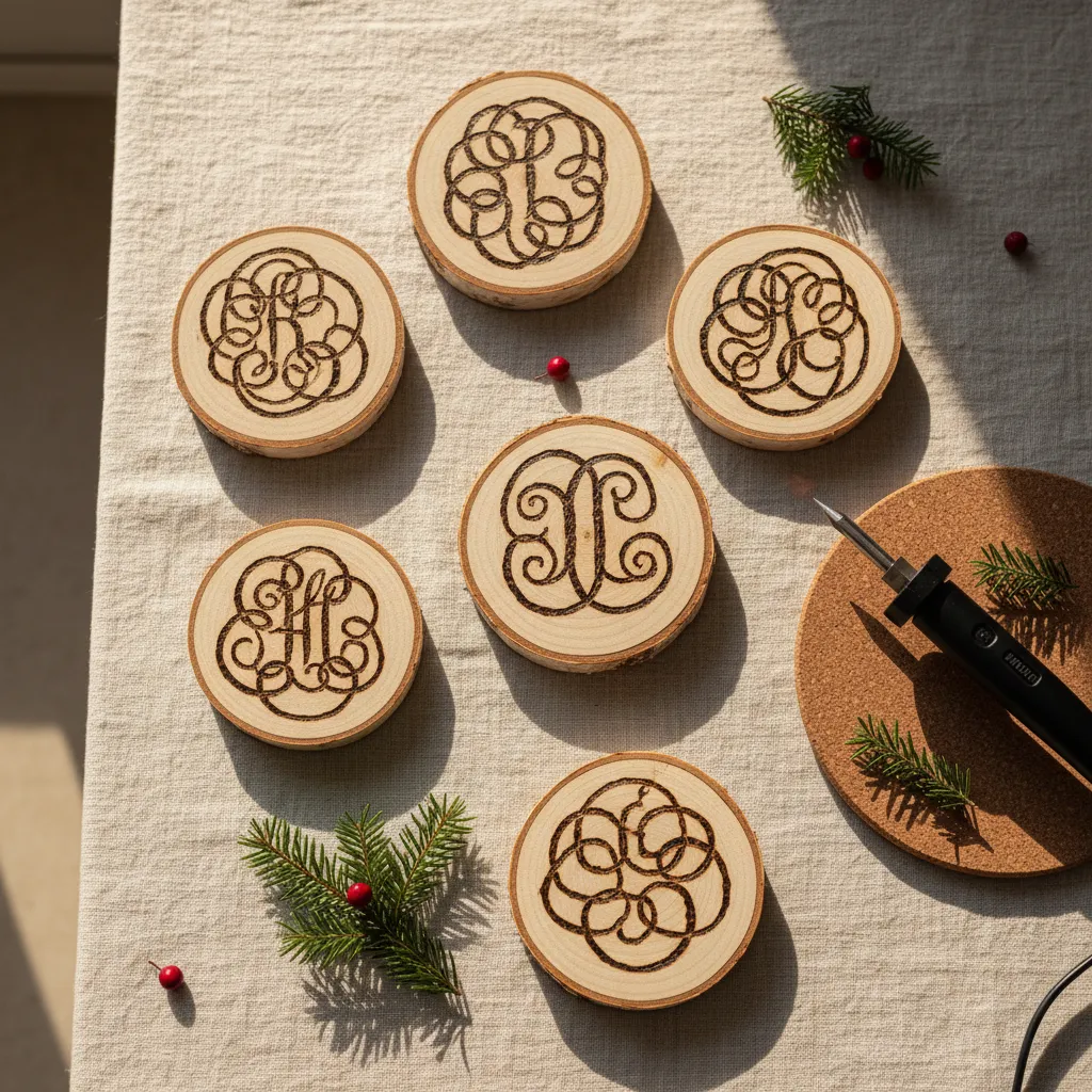 Rustic birch wood slices with monogram wood burning designs on linen fabric