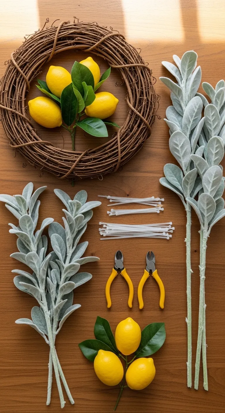 DIY Wreath Materials Flat Lay Supplies for making a lemon wreath including grapevine base faux fruit and zip ties