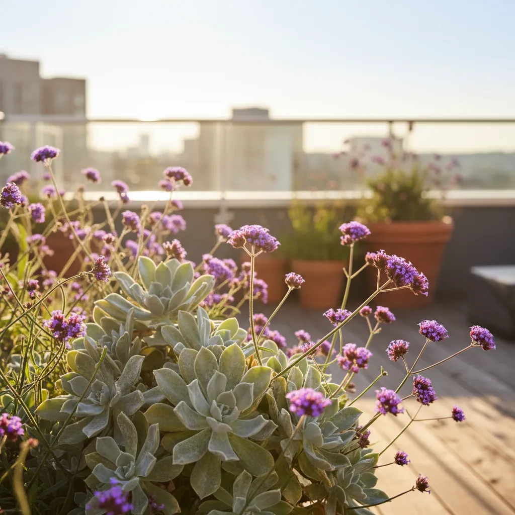 Close up of drought tolerant succulents and verbena plants for rooftop gardens
