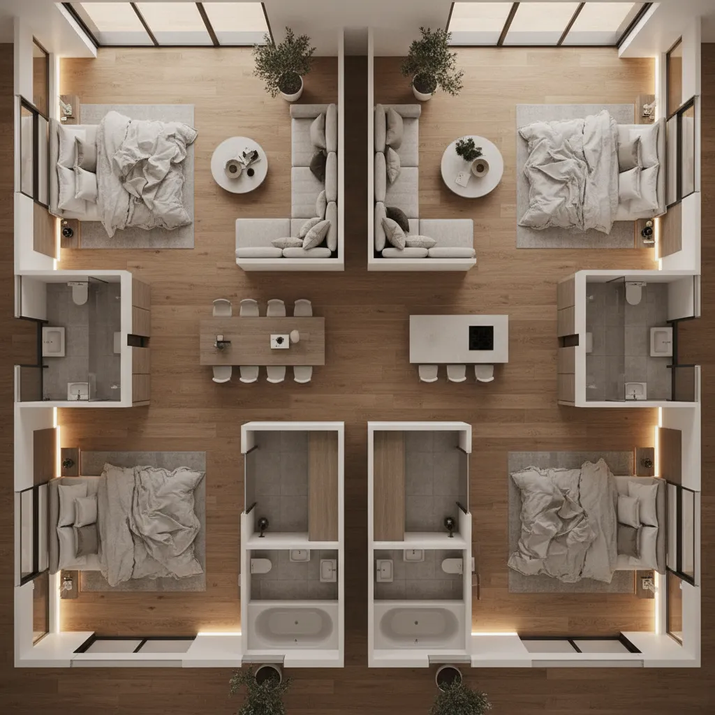 modern house floor plan featuring two master suites separated by a central living room for privacy