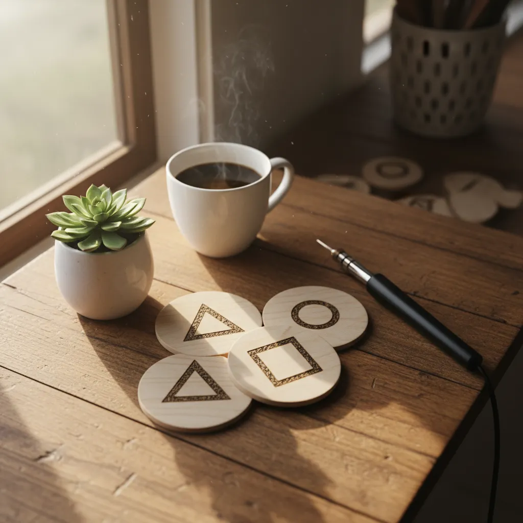 Handmade geometric wood burned coasters and pyrography tool on a creative workspace.