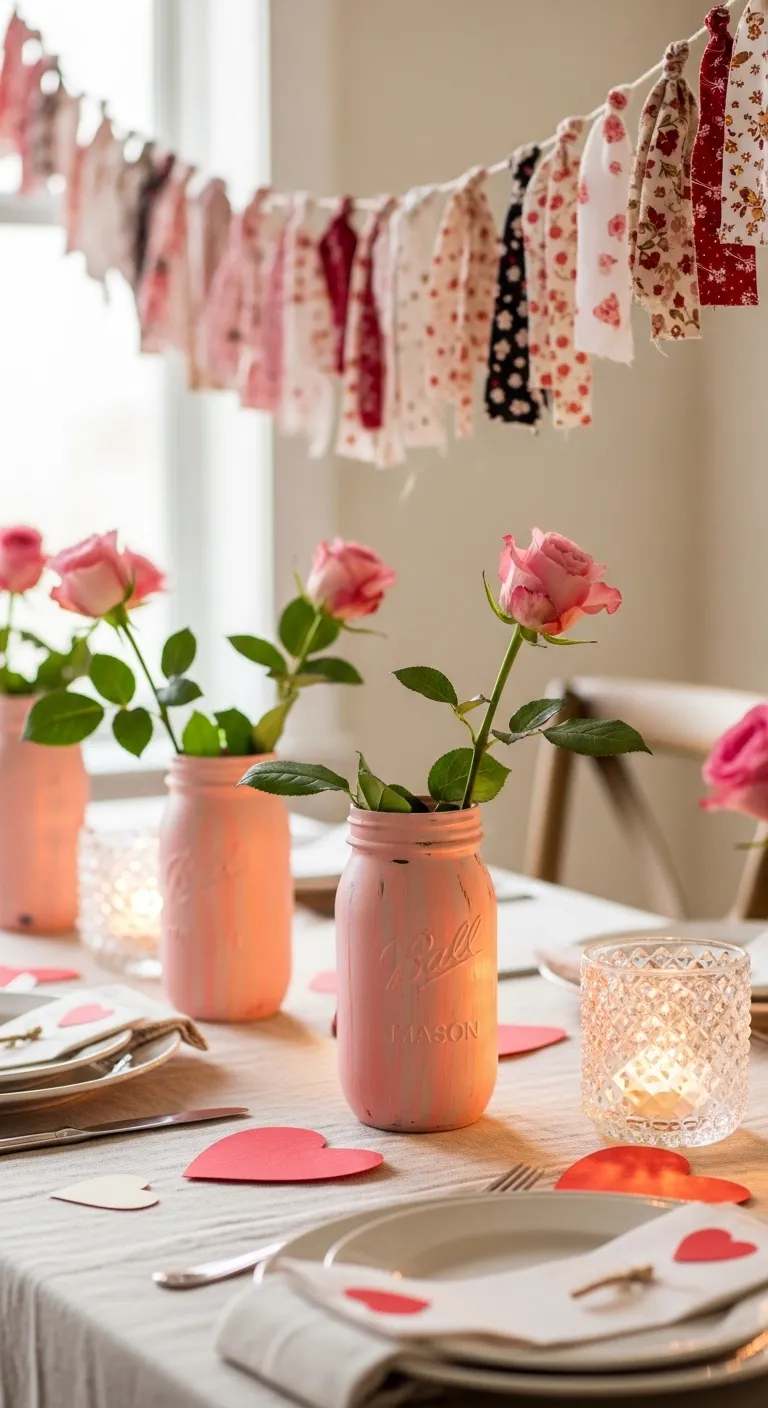 Upcycled glass jars used as vases and a handmade fabric garland create a charming and sustainable Galentines party tablescape.
