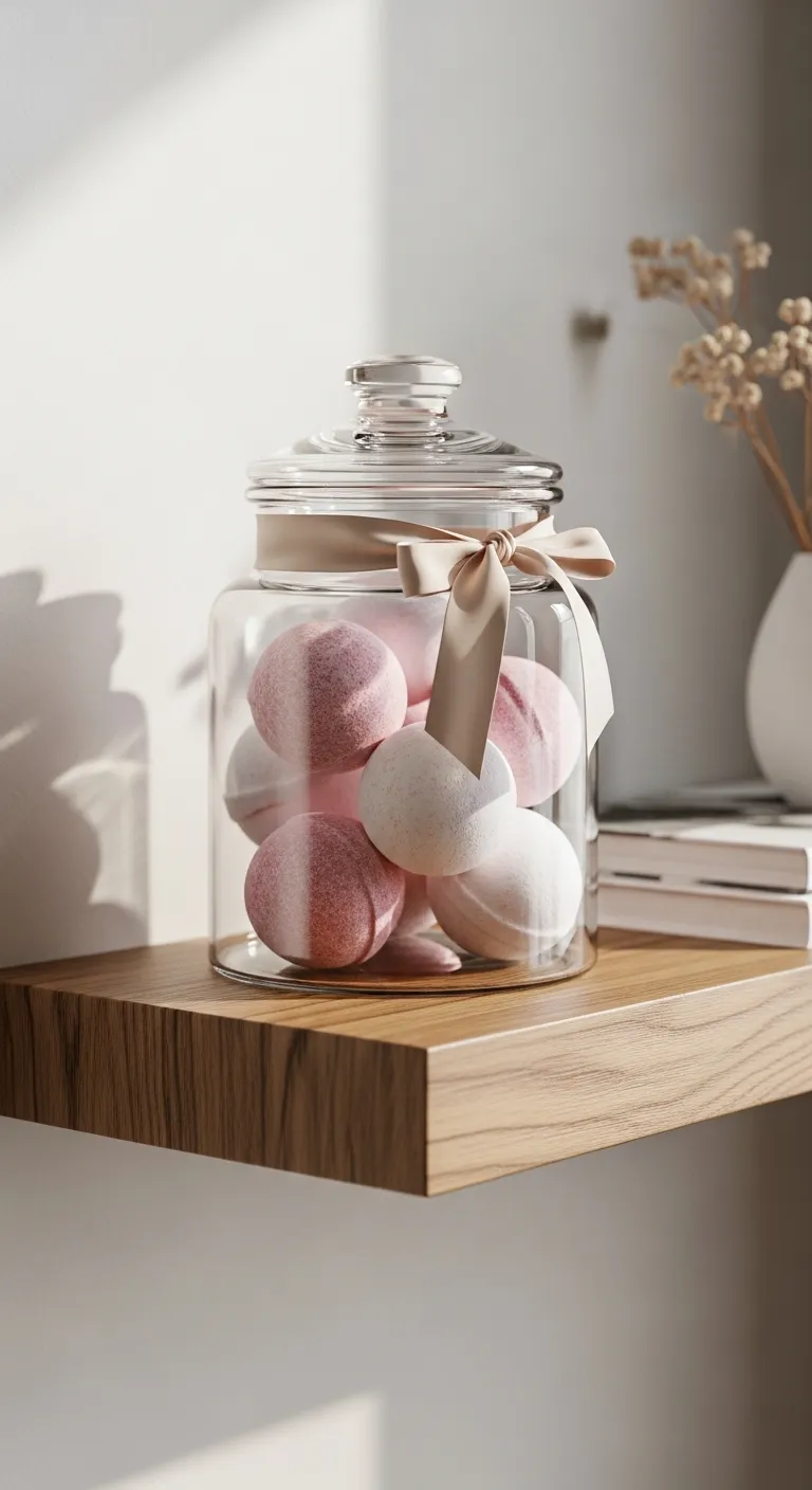 Elegant Glass Jar Packaging for Bath Bombs Glass apothecary jar filled with homemade bath bombs and tied with silk ribbon