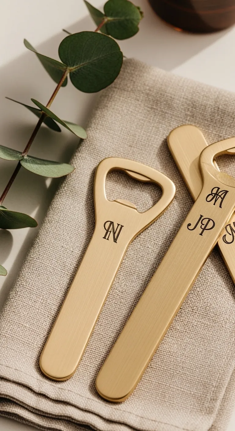 Brushed brass engraved bottle openers displayed on linen napkins for wedding favors