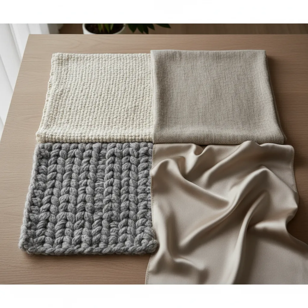 A close-up of different tapestry materials, including cotton, wool, linen, and synthetic fabrics.