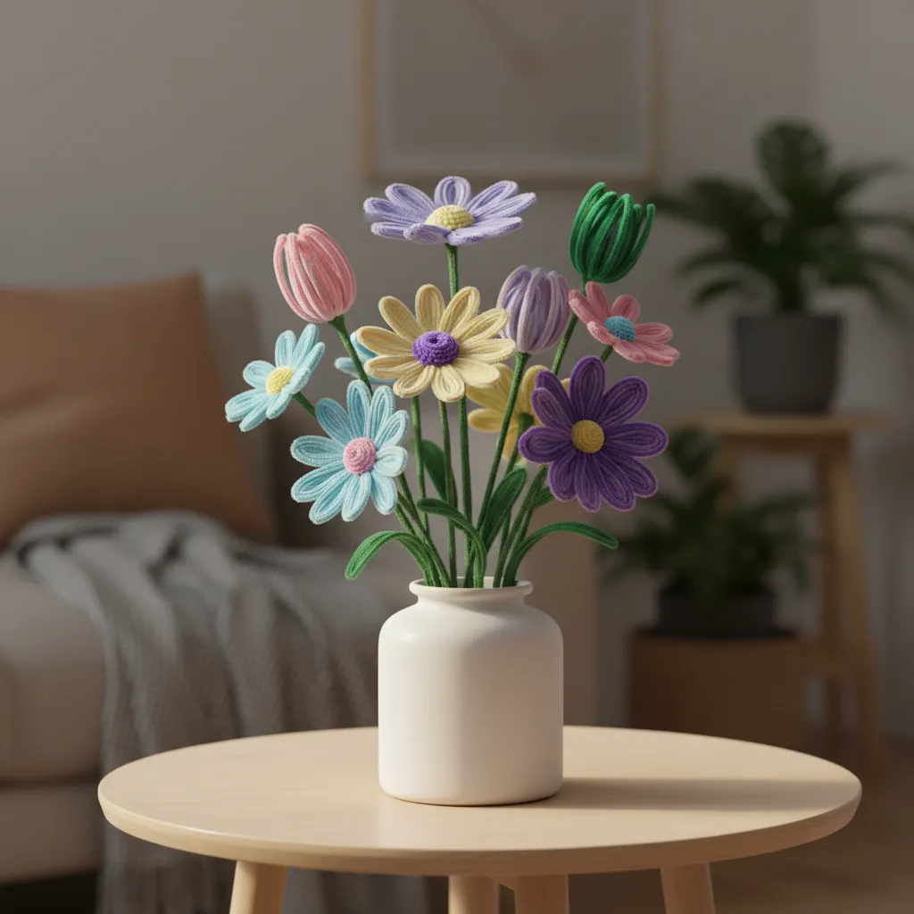 Handmade pipe cleaner flowers in a stylish ceramic vase