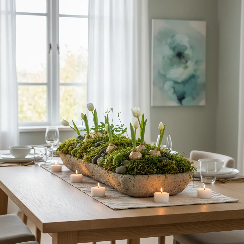 Completed nature inspired moss and white tulip centerpiece on a modern dining table