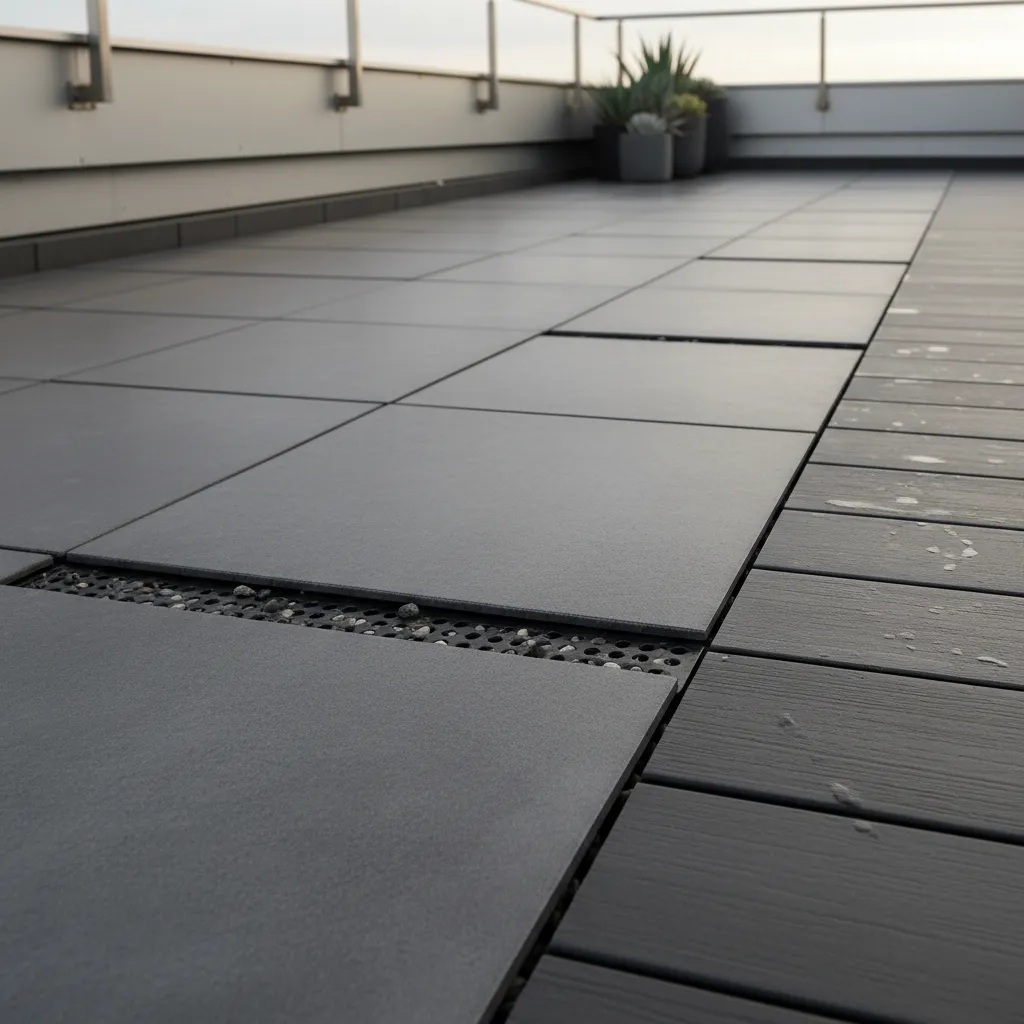 Floating porcelain pavers on adjustable pedestals for rooftop drainage