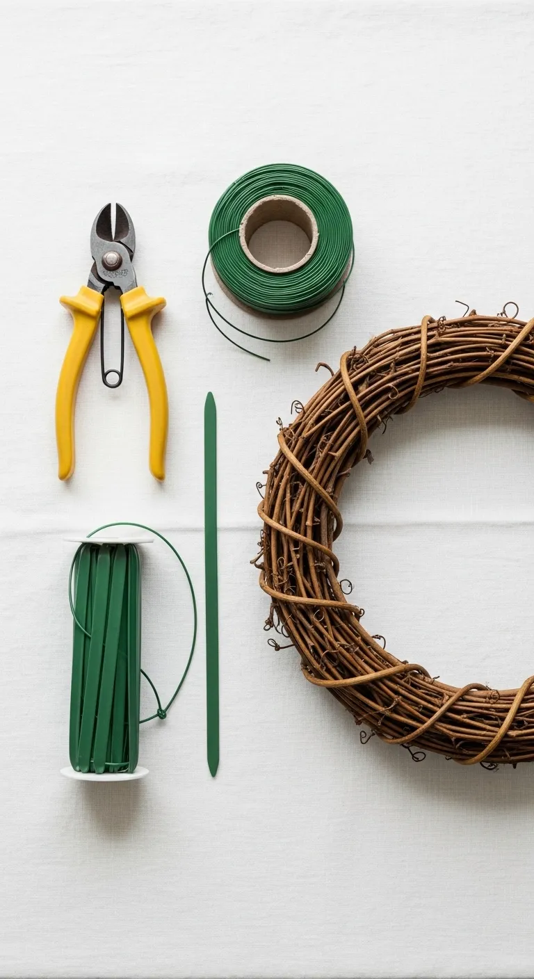 Floral Wire and Wreath Making Tools Flat lay of floral wire cutters and grapevine wreath form on linen