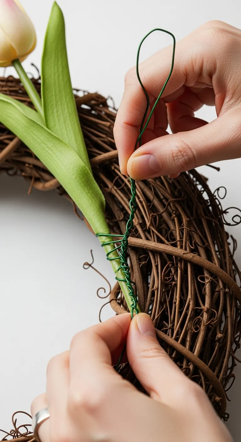 Floral Wire Wreath Attachment Technique Close up detail of attaching flowers to a wreath using floral wire instead of glue