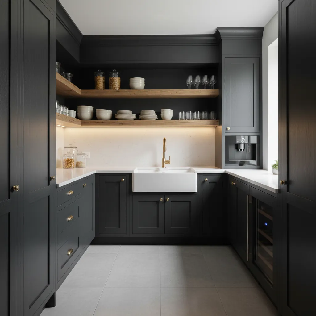 Interior view of a functional scullery pantry with dark cabinets and a deep sink