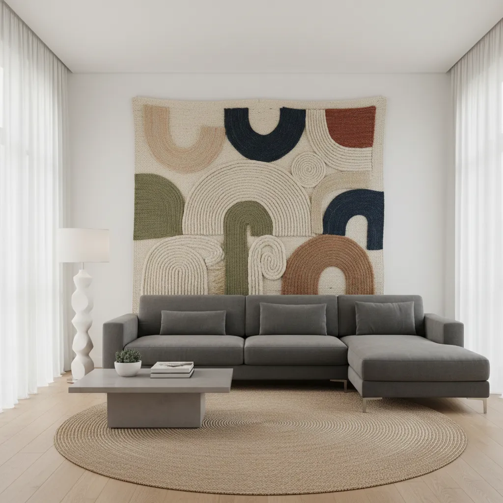 A large decorative tapestry hanging in a modern living room, demonstrating functional and aesthetic benefits.