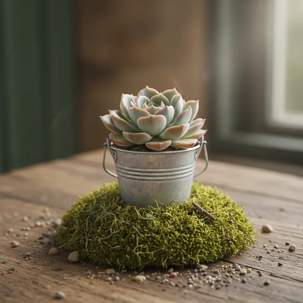 Close up of a mini succulent planted in a small galvanized metal pail for a rustic wedding favor