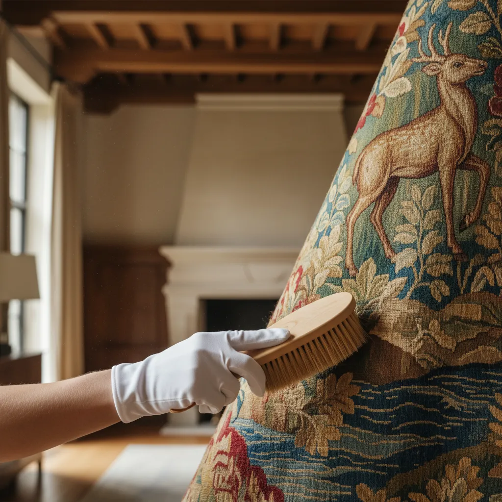 A person carefully cleaning a vintage wool wall tapestry with a soft brush.