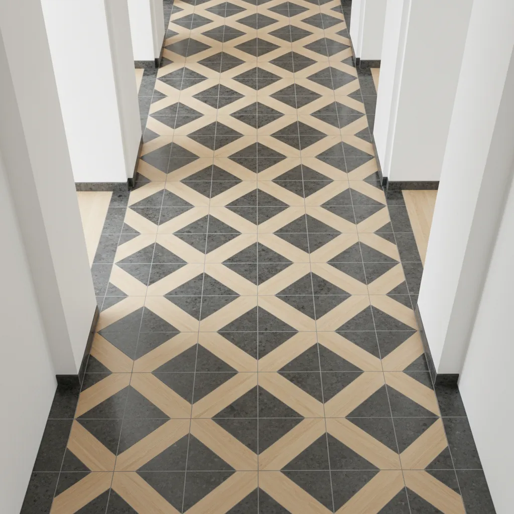 Geometric Floor Grid Layout Architectural top-down view of a birch and stone geometric floor grid.