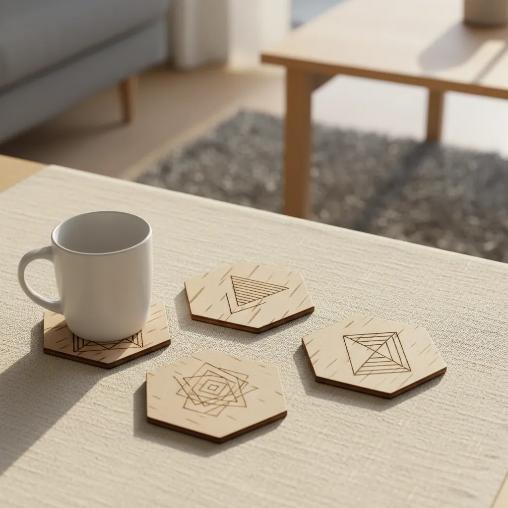 Handmade geometric wood burning coasters on a styled coffee table