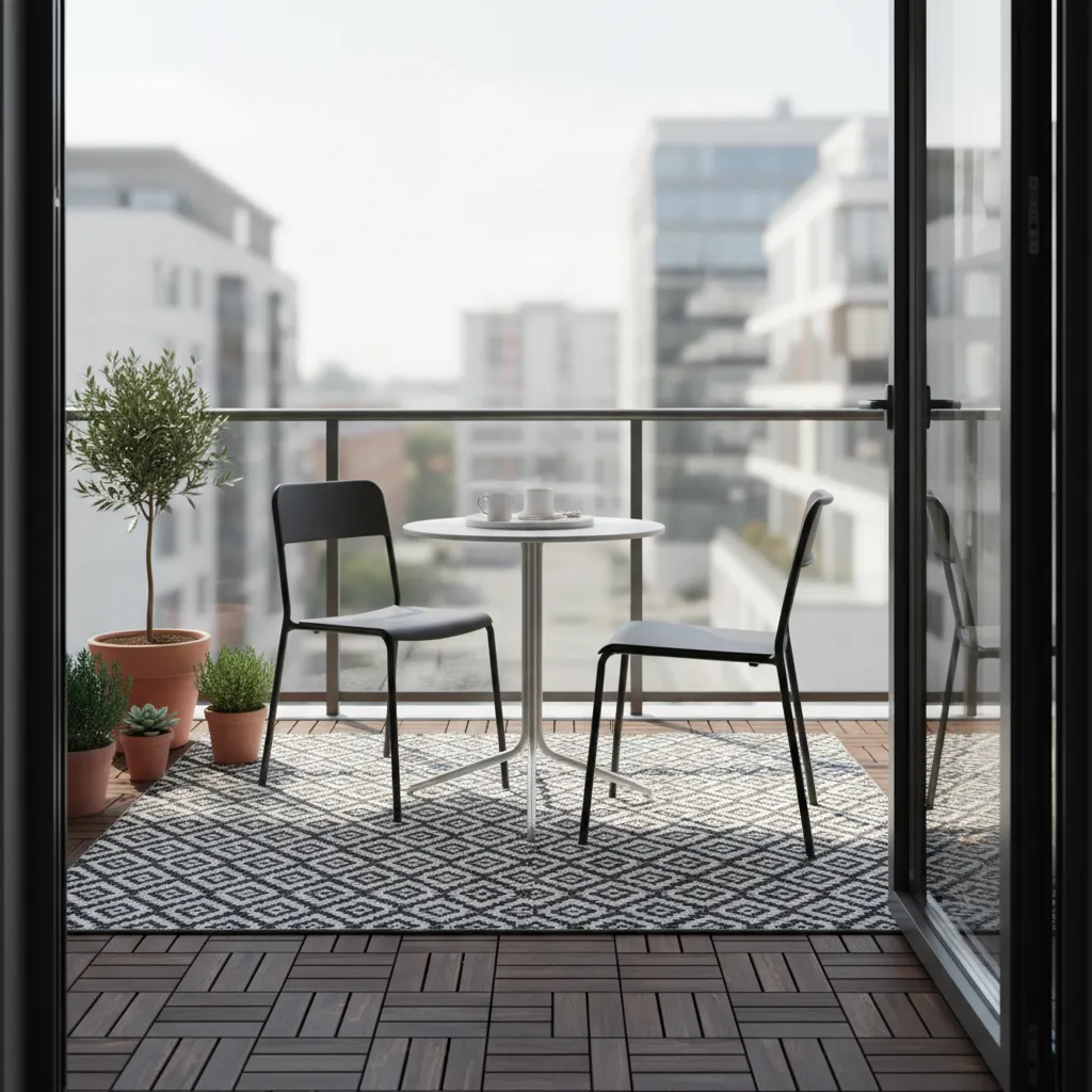 Modern black and white geometric rug layered over wood balcony tiles