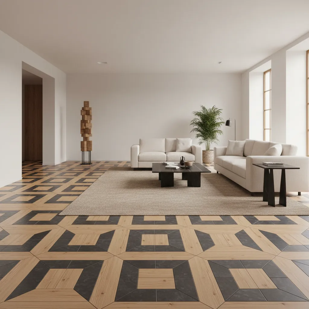 Geometric Wood and Stone Floor Inlay Geometric floor pattern with wood and stone inlays