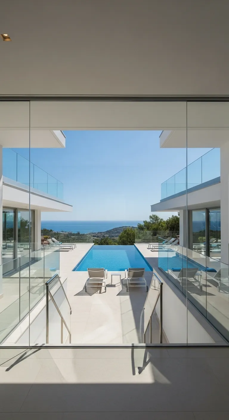 Modern hallway with glass walls connecting living and sleeping wings